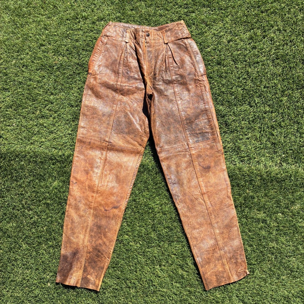 Vintage 24x30 Cognac Brown Leather High Waisted Straight Leg Trousers Pants